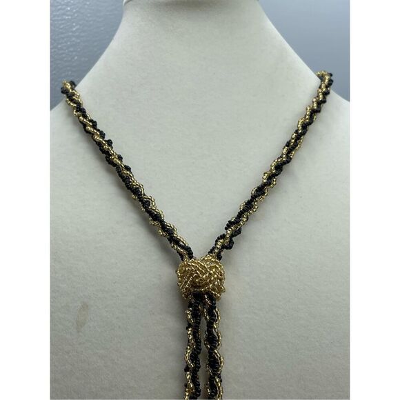 Vintage long seed bead flapper style black n gold necklace - Picture 6 of 11